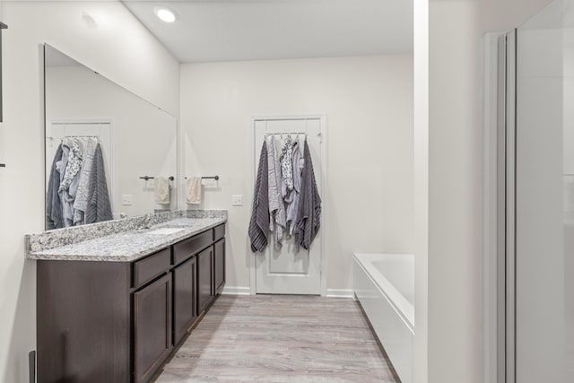 256 16th Ave SE, Lonsdale, MN 55046 - bathroom with vanity, wood finished floors, a bath, a walk in closet, and recessed lighting