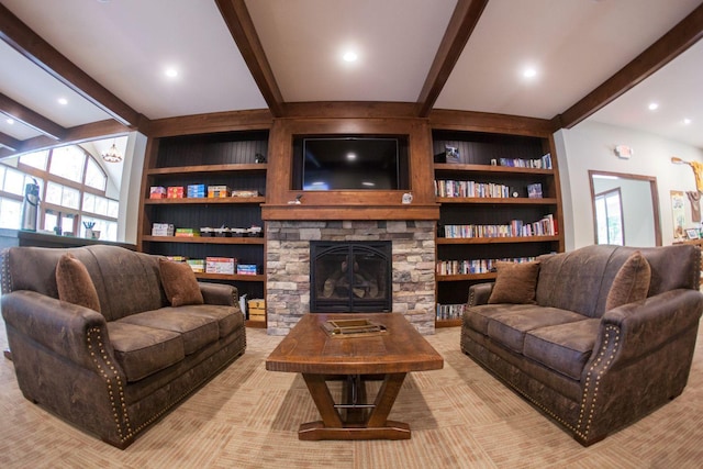 30424 410th Street Unit 4 (Share 3) - Cic #65, Dent, MN 56528 - living room with beam ceiling, a fireplace, and recessed lighting