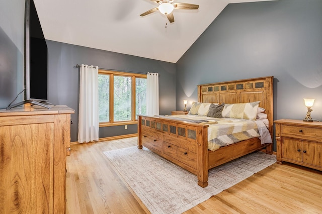 18250 221st Ave NW, Big Lake, MN 55309 - bedroom with light wood-type flooring, high vaulted ceiling, and ceiling fan