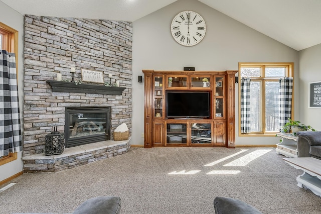 18250 221st Ave NW, Big Lake, MN 55309 - carpeted living area with high vaulted ceiling and a fireplace