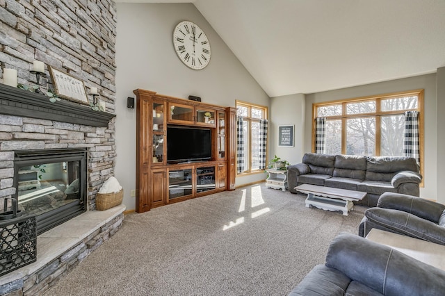 18250 221st Ave NW, Big Lake, MN 55309 - carpeted living area featuring high vaulted ceiling and a stone fireplace