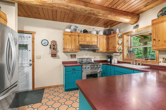 15015 Held Cir, Cold Spring, MN 56320 - kitchen featuring under cabinet range hood, stainless steel appliances, a wood ceiling with exposed beams, dark countertops, and blue cabinetry