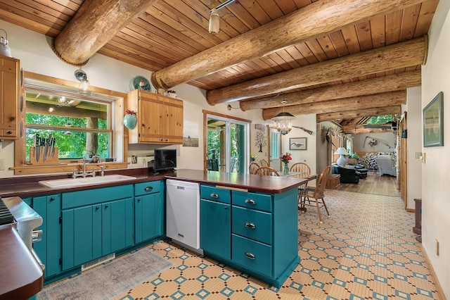 15015 Held Cir, Cold Spring, MN 56320 - kitchen with white dishwasher, a wood ceiling with exposed beams, a peninsula, dark countertops, and a chandelier