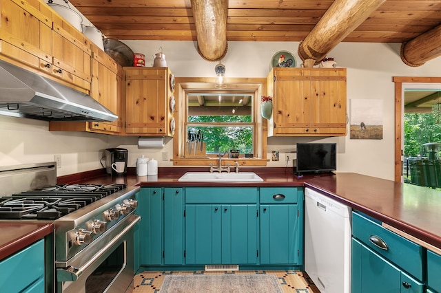 15015 Held Cir, Cold Spring, MN 56320 - kitchen with dishwasher, stainless steel range with gas stovetop, a wooden ceiling with exposed beams, ventilation hood, and dark countertops