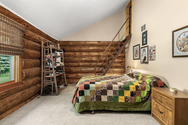 15015 Held Cir, Cold Spring, MN 56320 - bedroom with rustic walls, carpet floors, and vaulted ceiling