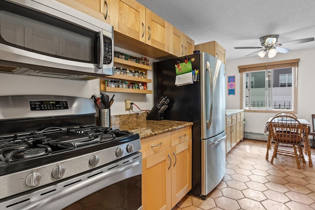 333 8th St SE Unit 120, Minneapolis, MN 55414 - kitchen with appliances with stainless steel finishes, light brown cabinetry, ceiling fan, light stone countertops, and open shelves