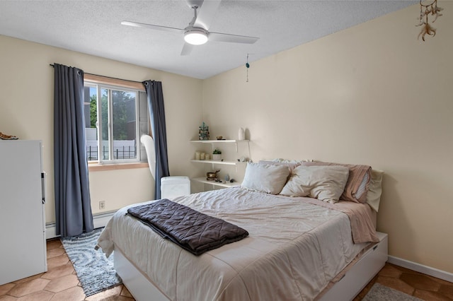 333 8th St SE Unit 120, Minneapolis, MN 55414 - bedroom with a baseboard heating unit, a textured ceiling, and ceiling fan
