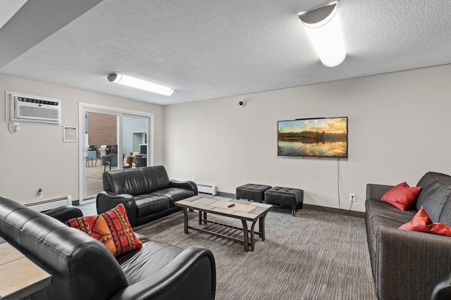 333 8th St SE Unit 120, Minneapolis, MN 55414 - living area featuring a wall unit AC, a textured ceiling, a baseboard heating unit, and carpet flooring