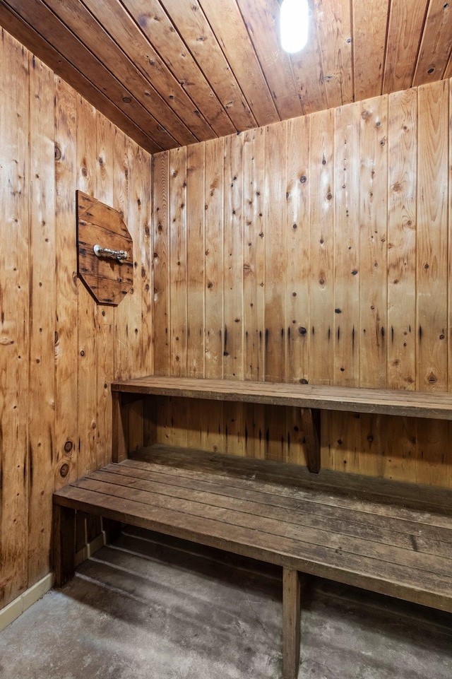 333 8th St SE Unit 120, Minneapolis, MN 55414 - sauna / steam room with wood ceiling, wooden walls, and concrete flooring