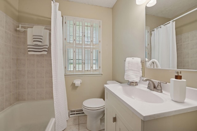 7507 Blaisdell Ave, Richfield, MN 55423 - bathroom with vanity, plenty of natural light, tile patterned floors, shower / bathtub combination with curtain, and a textured ceiling