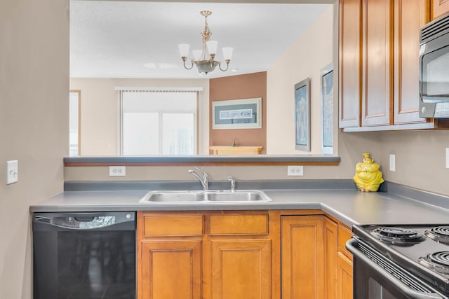 4107 Scott Ave N, Robbinsdale, MN 55422 - kitchen with black appliances, a chandelier, light countertops, brown cabinetry, and decorative light fixtures