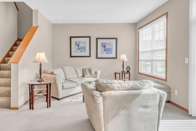 4107 Scott Ave N, Robbinsdale, MN 55422 - living room featuring light colored carpet and stairway