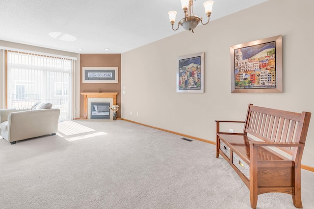 4107 Scott Ave N, Robbinsdale, MN 55422 - living area featuring a chandelier, carpet, and a tiled fireplace