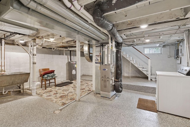 5321 39th Ave S, Minneapolis, MN 55417 - basement featuring washer / dryer, electric water heater, heating unit, stairs, and electric panel