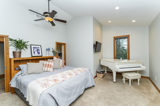 25 Conway Ct SE, Rochester Twp, MN 55904 - bedroom with vaulted ceiling, carpet flooring, recessed lighting, and a ceiling fan