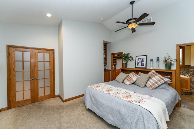 25 Conway Ct SE, Rochester Twp, MN 55904 - bedroom featuring carpet floors, french doors, vaulted ceiling, and ceiling fan