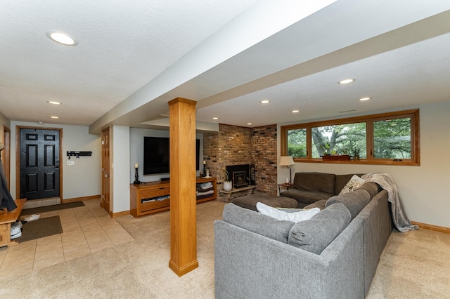 25 Conway Ct SE, Rochester Twp, MN 55904 - living area featuring light carpet, recessed lighting, a brick fireplace, and light tile patterned floors