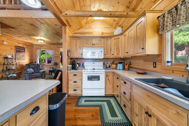 14292 Chippewa Loop, Park Rapids, MN 56470 - kitchen featuring white appliances, wood ceiling, light brown cabinetry, wood finished floors, and light countertops