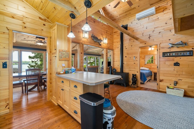 14292 Chippewa Loop, Park Rapids, MN 56470 - kitchen with wooden walls, a wood stove, ceiling fan, light wood-style floors, and light countertops