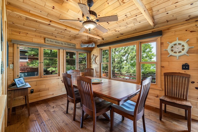 14292 Chippewa Loop, Park Rapids, MN 56470 - dining room with wood ceiling, wooden walls, wood-type flooring, ceiling fan, and lofted ceiling