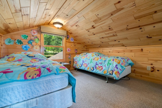 14292 Chippewa Loop, Park Rapids, MN 56470 - bedroom with wooden walls, wooden ceiling, lofted ceiling, and carpet