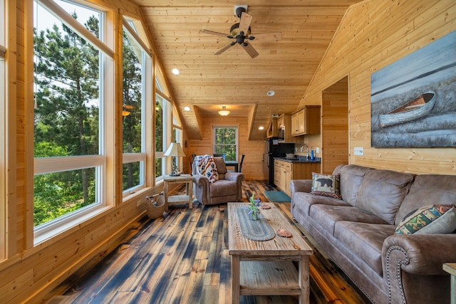 14292 Chippewa Loop, Park Rapids, MN 56470 - living area featuring wood walls, dark wood finished floors, vaulted ceiling, a ceiling fan, and wooden ceiling