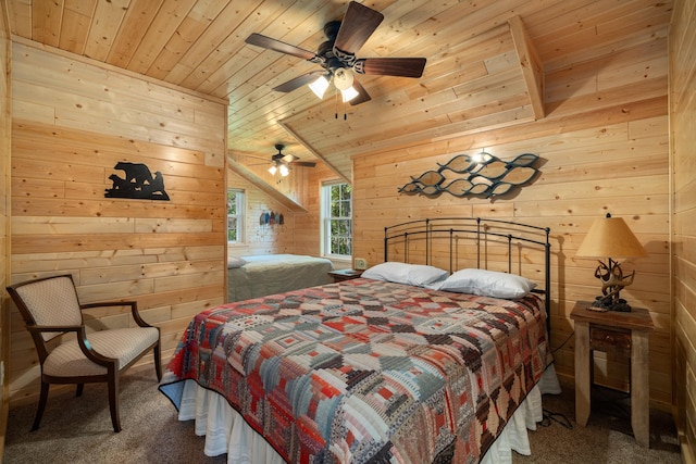 14292 Chippewa Loop, Park Rapids, MN 56470 - carpeted bedroom with wood ceiling, wooden walls, and vaulted ceiling