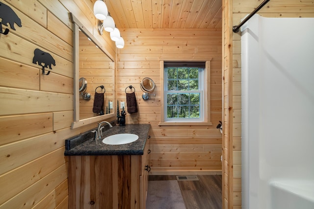 14292 Chippewa Loop, Park Rapids, MN 56470 - bathroom with wooden walls, vanity, wood finished floors, and wooden ceiling