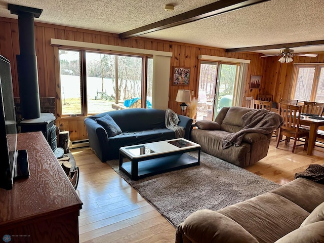 12981 Arcadia Ct NE, Turtle Lake Twp, MN 56601 - living area with a wood stove, healthy amount of natural light, wooden walls, a baseboard heating unit, and beam ceiling