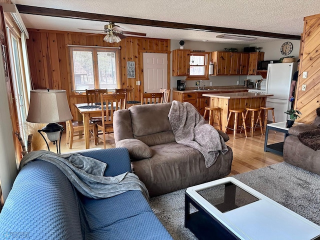 12981 Arcadia Ct NE, Turtle Lake Twp, MN 56601 - living area featuring plenty of natural light, a ceiling fan, wooden walls, light wood-style flooring, and beamed ceiling