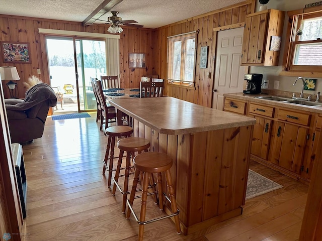 12981 Arcadia Ct NE, Turtle Lake Twp, MN 56601 - kitchen with a textured ceiling, ceiling fan, wooden walls, plenty of natural light, and light wood-style floors