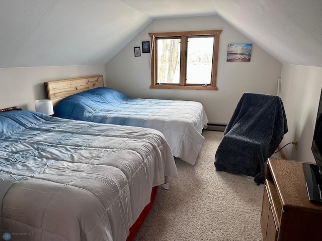 12981 Arcadia Ct NE, Turtle Lake Twp, MN 56601 - bedroom featuring light colored carpet, a baseboard radiator, and vaulted ceiling