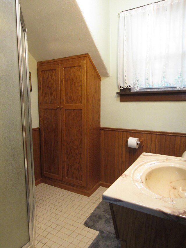 401 St Paul Ave, Fulda, MN 56131 - full bathroom featuring a wainscoted wall, a stall shower, wood walls, and vanity