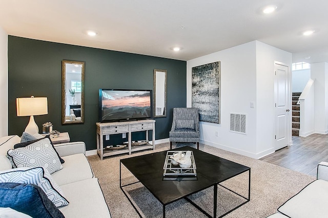 6728 Hinterland Trl S, Cottage Grove, MN 55016 - living room with recessed lighting, stairs, and wood finished floors
