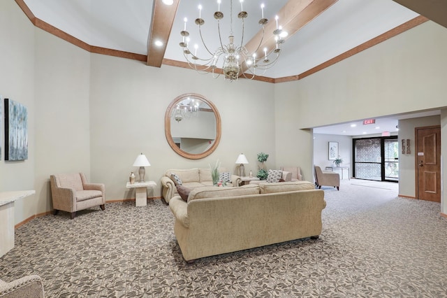 3801 98th St Unit 108, Bloomington, MN 55431 - carpeted living area with beam ceiling, a towering ceiling, a chandelier, and recessed lighting