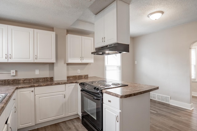 1303 Fremont Ave, Saint Paul, MN 55106 - kitchen featuring black electric range oven, under cabinet range hood, a textured ceiling, light wood-style flooring, and a peninsula