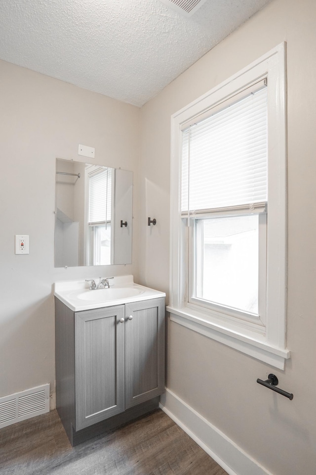 1303 Fremont Ave, Saint Paul, MN 55106 - bathroom with wood finished floors, vanity, and a textured ceiling