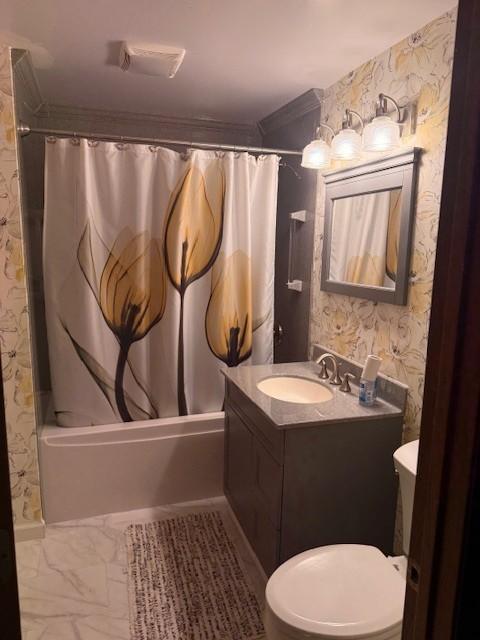 20430 Rhoda Ave, Ravenna Twp, MN 55089 - bathroom with shower / bathtub combination with curtain, wallpapered walls, vanity, and marble finish floors