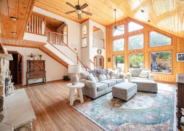 9777 Gruhlke Rd, Summit Twp, WI 54836 - living room featuring ceiling fan, wood ceiling, plenty of natural light, stairway, and wood finished floors