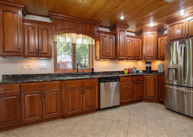 9777 Gruhlke Rd, Summit Twp, WI 54836 - kitchen with appliances with stainless steel finishes, wooden ceiling, dark stone countertops, brown cabinetry, and crown molding