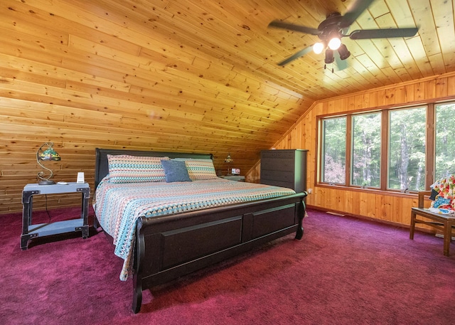 9777 Gruhlke Rd, Summit Twp, WI 54836 - carpeted bedroom featuring wooden walls, wood ceiling, lofted ceiling, and a ceiling fan