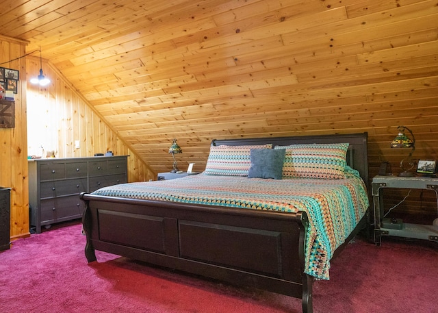 9777 Gruhlke Rd, Summit Twp, WI 54836 - bedroom featuring vaulted ceiling, carpet floors, wood walls, and wood ceiling