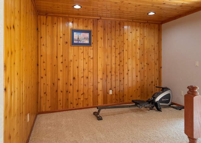9777 Gruhlke Rd, Summit Twp, WI 54836 - exercise area featuring carpet, wood ceiling, recessed lighting, and wooden walls