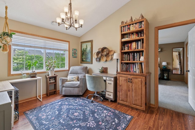 8547 Grove Cir, Shakopee, MN 55379 - office with a chandelier, lofted ceiling, and light wood finished floors