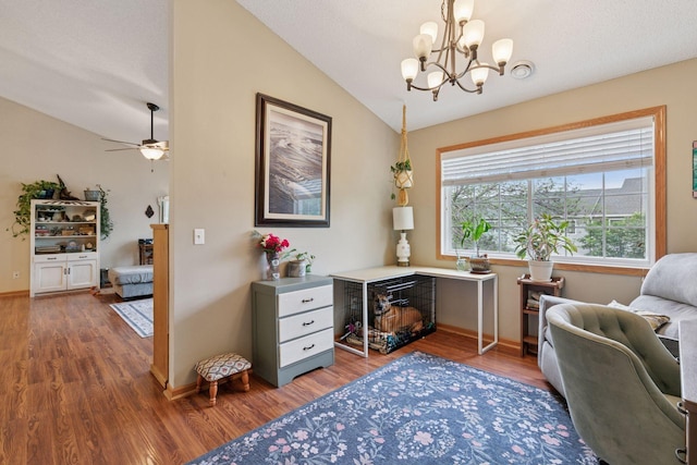 8547 Grove Cir, Shakopee, MN 55379 - office area featuring wood finished floors, a chandelier, vaulted ceiling, and ceiling fan