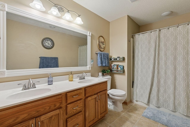 8547 Grove Cir, Shakopee, MN 55379 - full bath with double vanity, tile patterned floors, shower / bathtub combination with curtain, and a textured ceiling