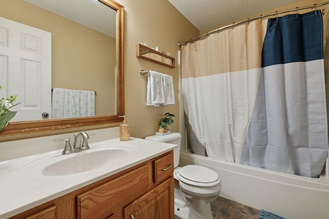 8547 Grove Cir, Shakopee, MN 55379 - bathroom with a textured ceiling, vanity, and shower / tub combo with curtain