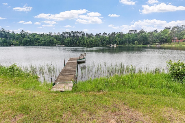 dock area with a water view and a wooded view