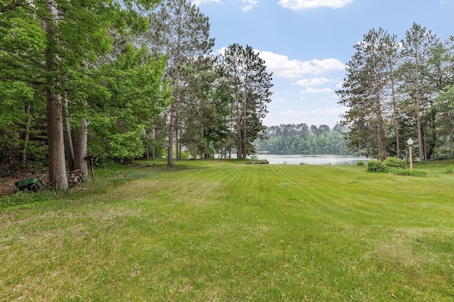 view of grassy yard featuring a water view and a view of trees