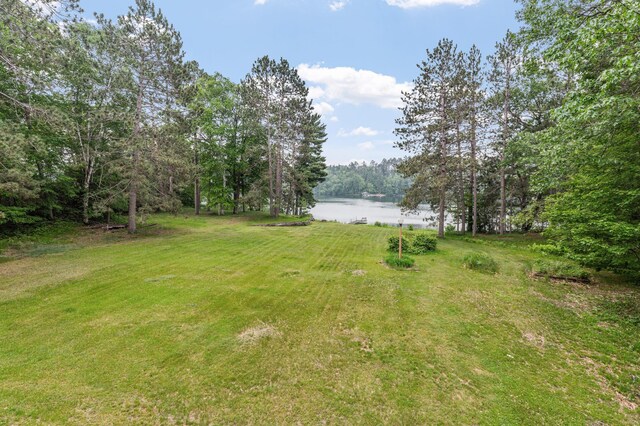 view of grassy yard featuring a water view